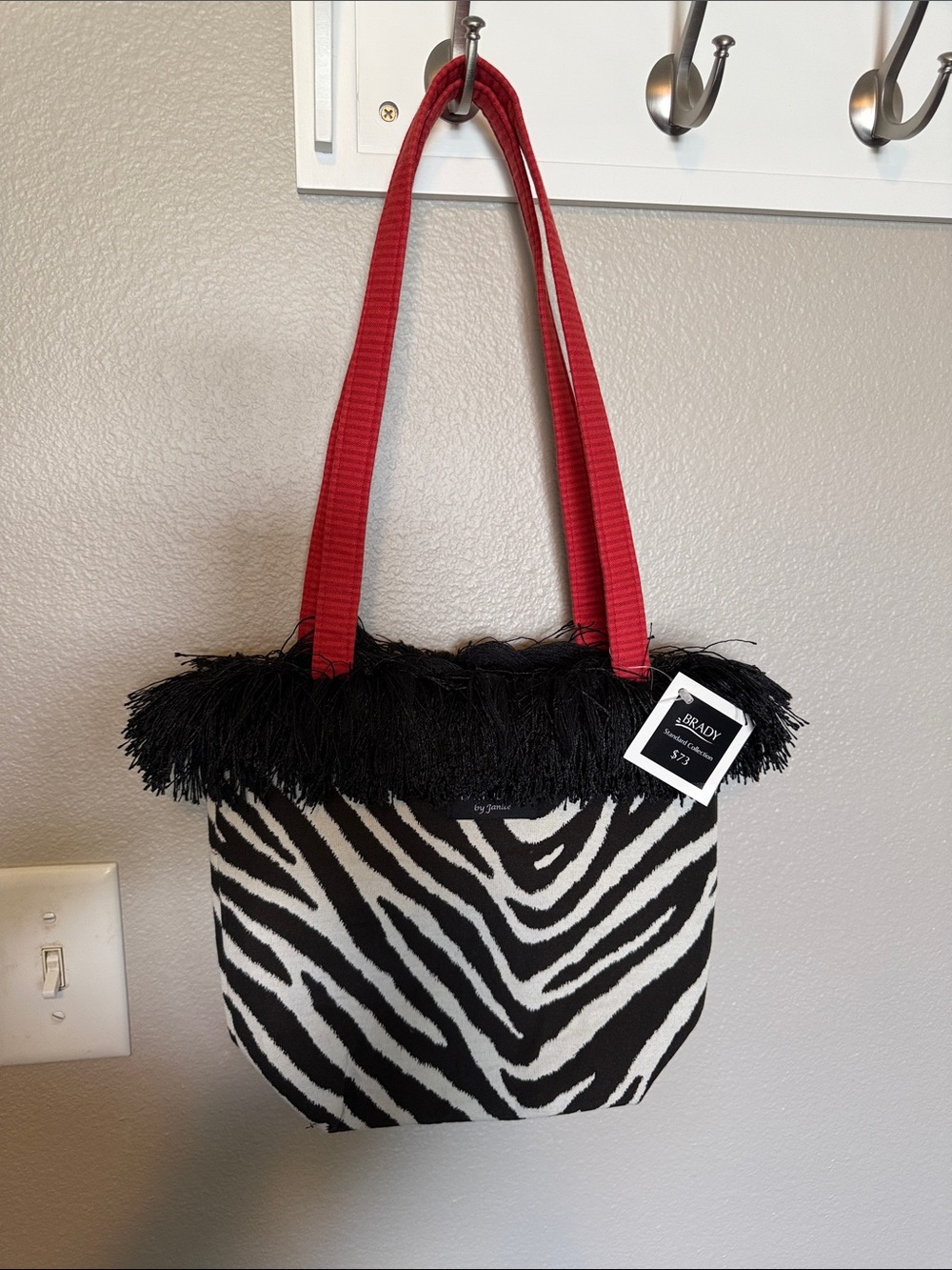 Zebra Print Fringe Tote with Red Straps by Unknown Brand